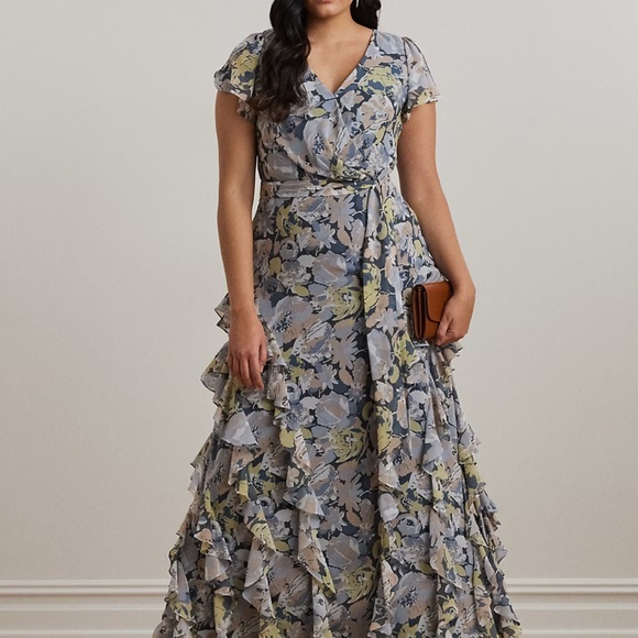RALPH LAUREN 2025 Blue Floral Ruffle-trim Georgette Gown 16W - Picture 2 of 6